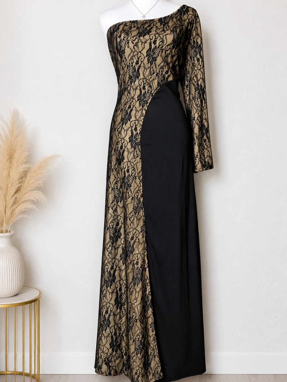 One-Shoulder Black Lace Over Gold Evening Gown